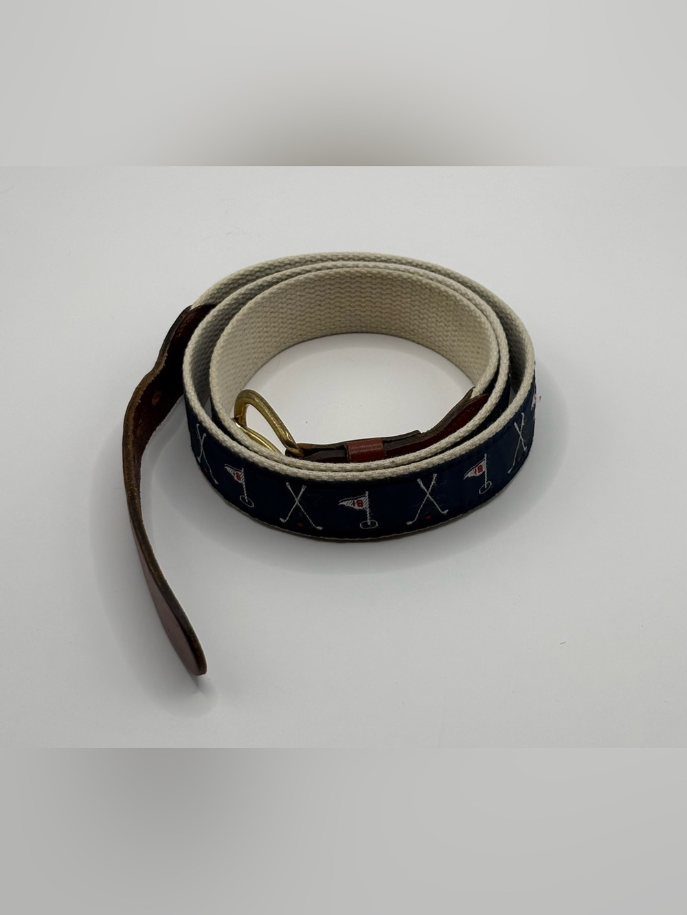 Leather Man Navy Golf Needlepoint Belt Size 42 Canvas Leather Trim Golf Club